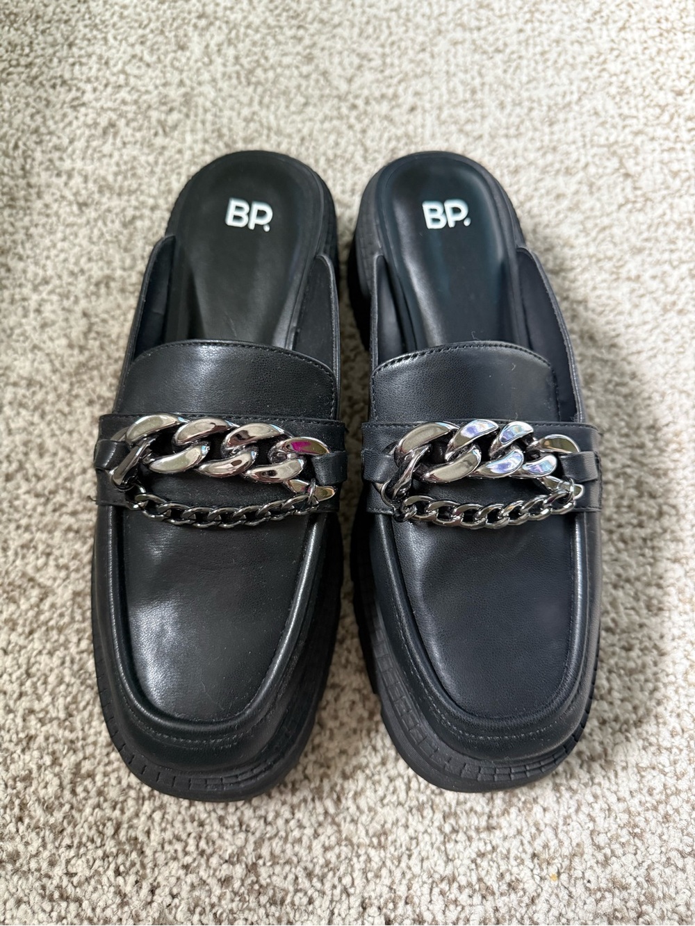 BP. Black Slip-On Loafers with Silver Chain Accent